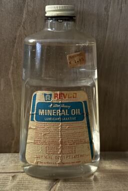REVCO Extra Heavy Mineral Oil - Antique Bottle Partial Contents - Paper Labels